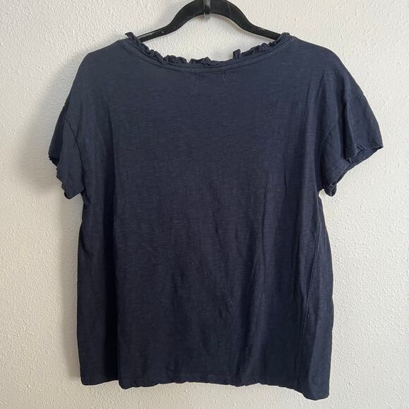 Neiman Marcus Ruffle Tee Top Navy Blue V-Neck Pullover Cotton Short Sleeve Sz M - Picture 5 of 5